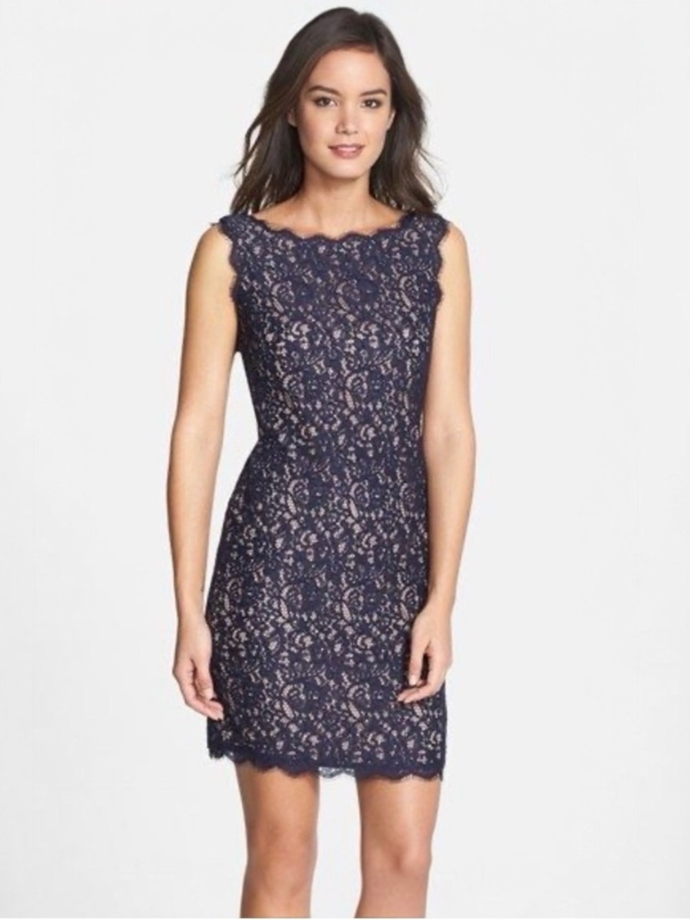 Adrianna Papell Sheath Dress 8 Navy Nude Lace Cocktail Formal